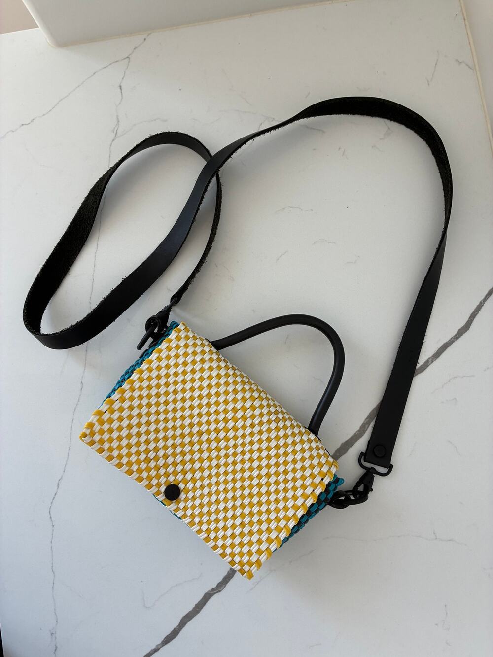 Truss Mini Top Handle Cross Body Plastic Woven Checkered Yellow Blue White Black